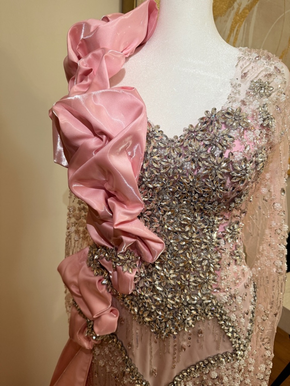 Embellished Pink Evening Gown with Dramatic Ruffle